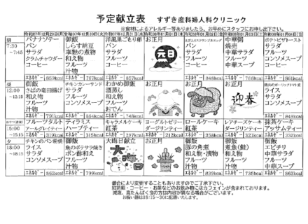 献立表の予定をアップします【12月29日〜1月4日】